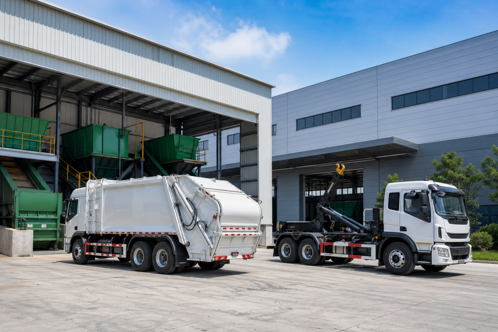Waste transfer equipment and sanitation trucks at a modern facility in Suizhou China